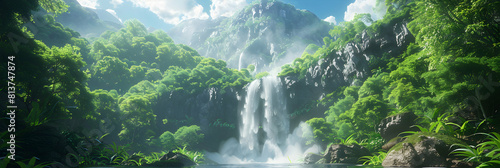 Thunderous Waterfall Descends Majestically Amidst Lush Mountain Scenery in Photo Realistic Concept