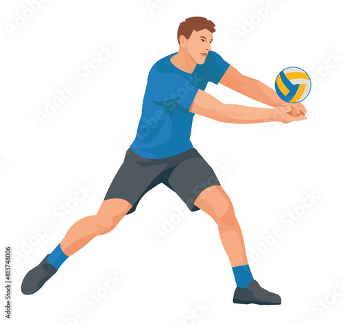 Figure of a professional volleyball player in a blue T-shirt who bumps the ball with hands