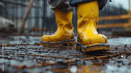 A close up of a worker in yellow PVC work boots, in a wet constriction ground, industrial photography