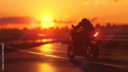 Silhouette of a motorcycle speeding down a highway  sunset in the background  embodying freedom and fast travel