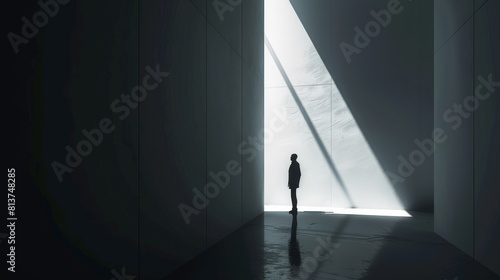 Silhouette of a person standing alone in a narrow hallway, light from a single window casting a long shadow, evoking a sense of isolation