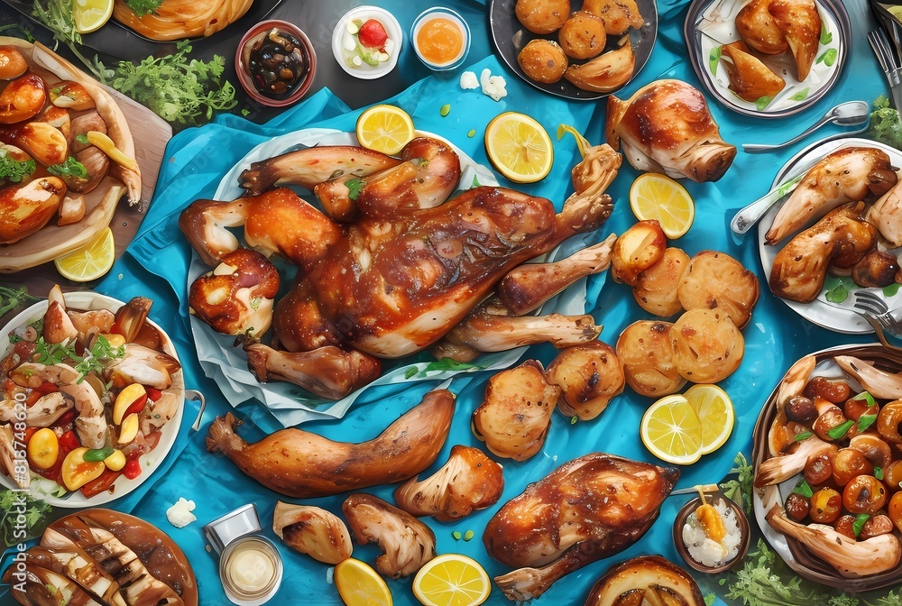 Roasted Chicken with Lemon Wedges and Potatoes on a Blue Table Roasted Chicken with Lemon Wedges and Potatoes on a Blue Table