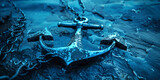 An old anchor lies on a rock with a chain  Beneath the Ocean blue background
