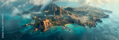 Discover the Stunning Beauty of a Volcanic Archipelago from Above: Aerial Shot Reveals Diverse Formations and Vibrant Island Life photo