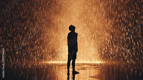 Stark silhouette of a person standing in the rain, head tilted upward, capturing a moment of surrender to overwhelming feelings photo