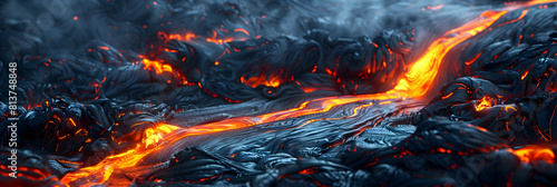 Dynamic Volcanic River: River of Molten Lava Flowing from Active Volcano with Photo Realistic Concept Showcasing Fluid Nature of Molten Rock in Adobe Stock Photo