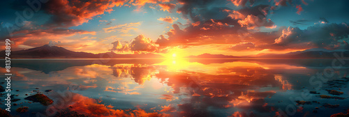 Photo realistic as Volcanic Sunset Reflections concept The setting sun casts vibrant hues over a volcanic lake reflecting the fiery sky in its still waters. Photo Stock Concept