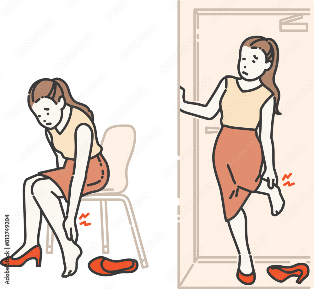 Illustration of a woman wearing high heels and feeling leg fatigue Illustration of a woman wearing high heels and feeling leg fatigue