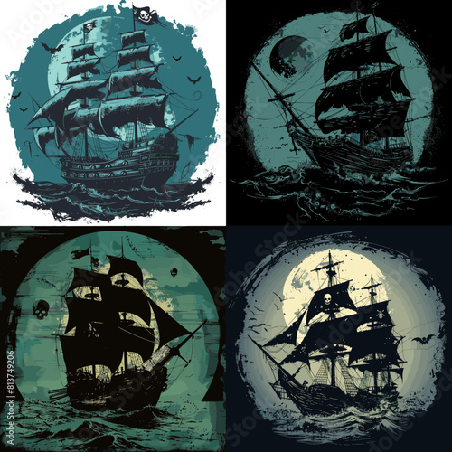Set of dark pirate ship illustrations sailing under the moon with gothic vibes and vintage style. Perfect for horror, fantasy, nautical, or Halloween-themed graphic projects.
