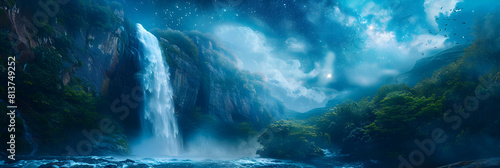 Nightfall Majesty: Stunning Waterfall Beneath Starry Skies, Harmonizing Earth s Vitality with Celestial Wonder   Photo Stock Concept photo