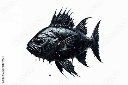 sea fish in black oil isolated on white background