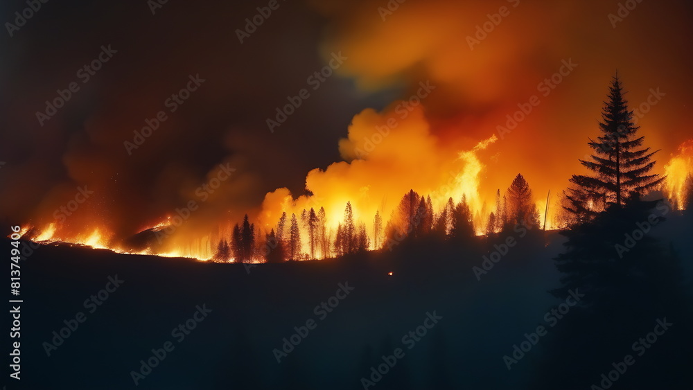 Forest fire at night with flames and smoke on flat terrain Forest fire at night with flames and smoke on flat terrain