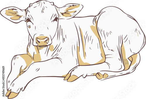 Resting Calf Illustration, A Peaceful Young Cow Lying Down and Relaxing in the Sun