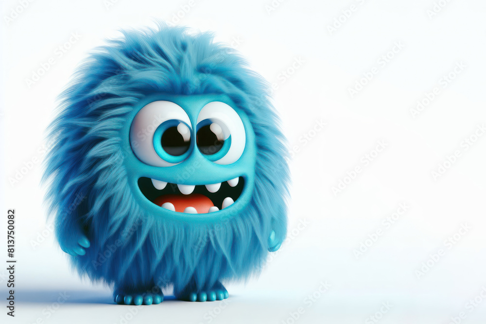 Obraz premium 3d Blue fluffy cartoon monster with playful expression standing isolated on a white background