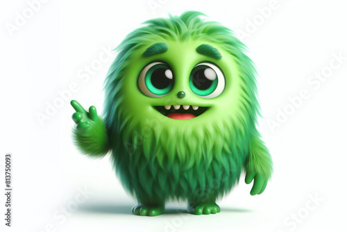 3d Green fluffy cartoon monster with playful expression standing isolated on a white background