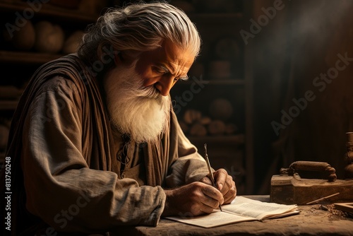 Serene image of an elderly man deeply focused while writing on parchment in a dim, candlelit setting