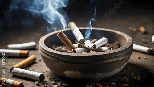  Ashtray Filled with Burning Cigarettes and Smoke photo