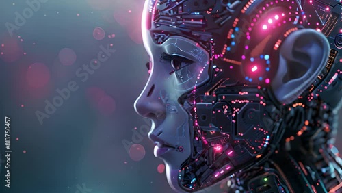 A woman with a robotic head is featured in this futuristic portrait. photo