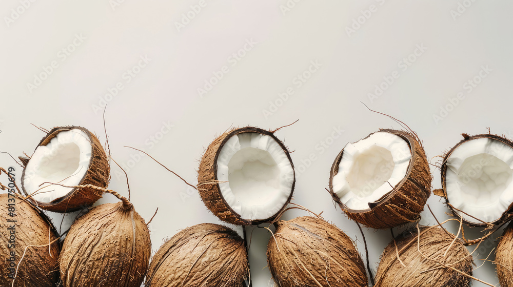 Row of exotic coconuts. For making coconut milk, coconut flakes Row of exotic coconuts. For making coconut milk, coconut flakes