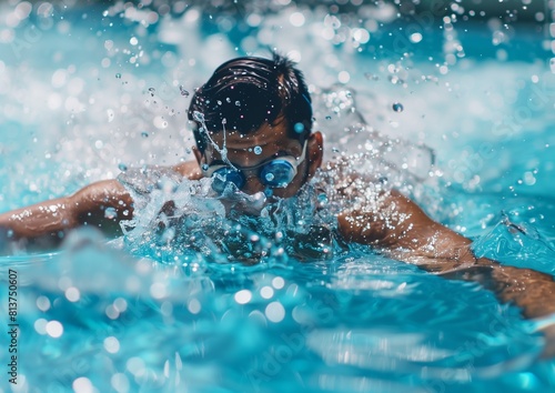Young Swimmer in Action in Pool with Water Splashes Close-Up.