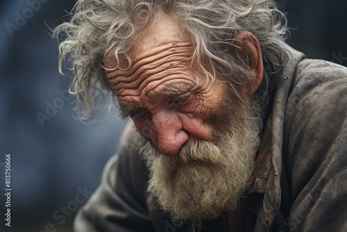 Close-up of a senior man with deep wrinkles and a gray beard looking thoughtful in the rain
