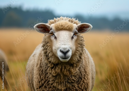 Close-up Portrait of a Fluffy Sheep in Golden Field, Serene Farm Animal photo