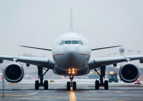 Commercial Airplane on Runway Ready for Takeoff at Airport during Overcast Weather