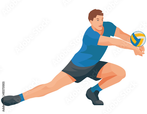 Isolated figure of a volleyball player in blue uniform who crouches down and hits the ball