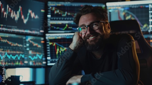 Day Trader at an Exchange Office. Multi Monitor Setup with Real-Time Charts of Investments, Commodities, and Foreign Funds. Happy Businessman Celebrating a Successful Trade.