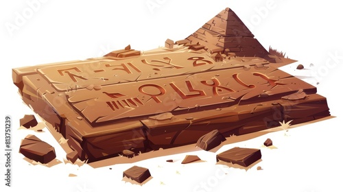 This is a cartoon illustration of an ancient object for storing information  graphical user interface  and game design on a white board with a pyramid silhouette and Egyptian hieroglyphs