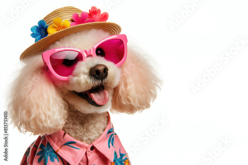 cute poodle in trendy pink sunglasses and hawaiian shirt isolated on white background