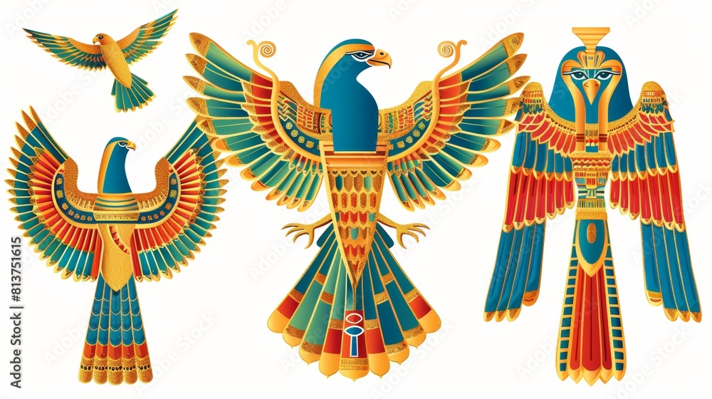 A cartoon modern illustration of ancient Egyptian hieroglyphs and a falcon frame. The falcon frame stands out against a background of white.
