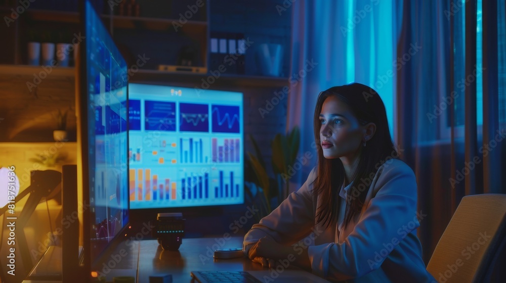 In an office setting, a businesswoman uses a TV screen to demonstrate company growth using graphs, charts, and infographics. A dramatic editing style is applied to this film. In an office setting, a businesswoman uses a TV screen to demonstrate company growth using graphs, charts, and infographics. A dramatic editing style is applied to this film.