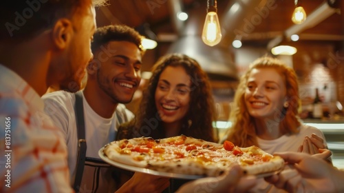 Multiethnic young people enjoying a night out at a cafe. Waiter bringing delicious Italian pizza. Young people conversing on the terrace while enjoying delicious food and beverages.
