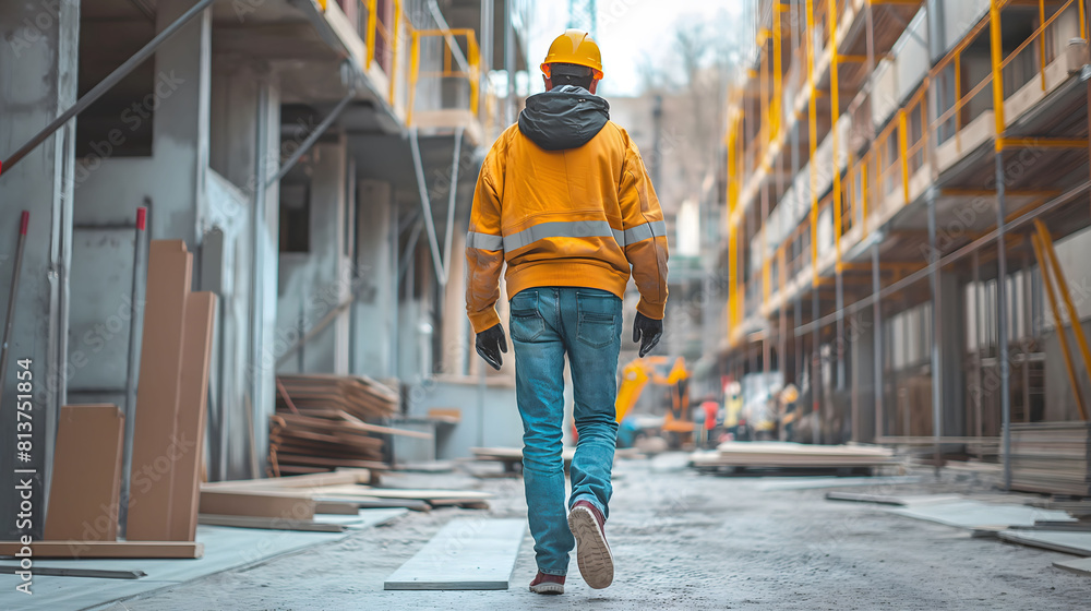 A construction worker in orange and yellow safety gear walks through a bustling construction site, surrounded by scaffolding and construction materials A construction worker in orange and yellow safety gear walks through a bustling construction site, surrounded by scaffolding and construction materials
