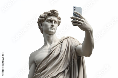 Classic gypsum statue of man using smartphone isolated on white background copy space photo