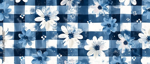 A floral checked illustration with blue and sky blue commination for printing or background use, Generative AI. photo