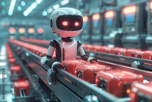 Wallpaper Mural AI robot stands at a conveyor line for the production of children's toys in a factory Torontodigital.ca