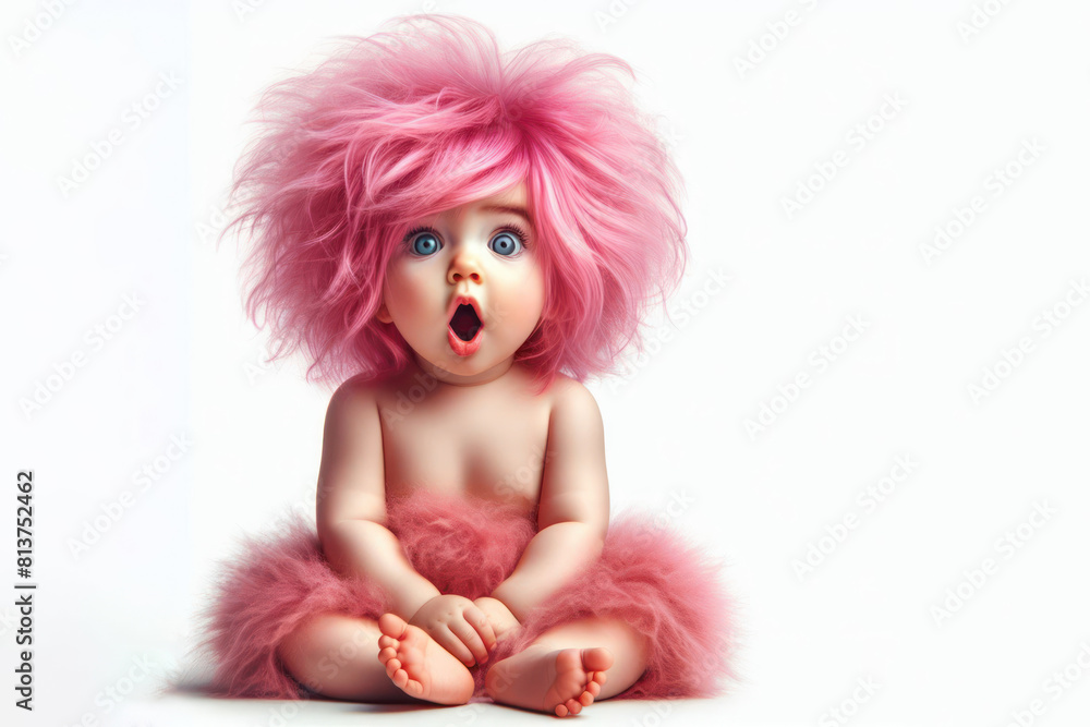 surprised baby with fluffy vibrant pink hair isolated on white background copy space surprised baby with fluffy vibrant pink hair isolated on white background copy space