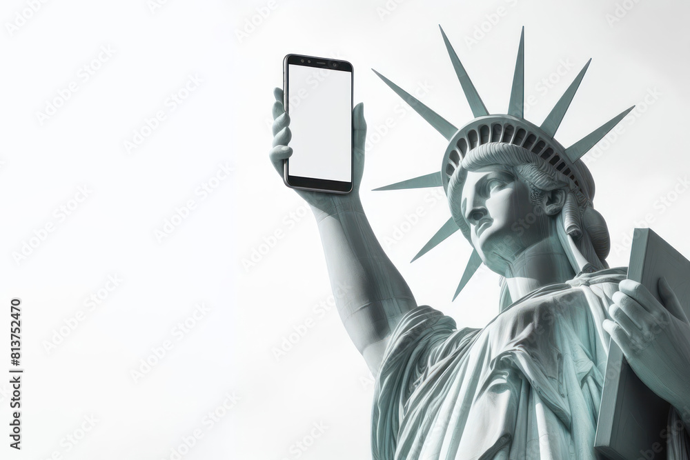 Obraz premium Statue of Liberty with phone in hand on white background