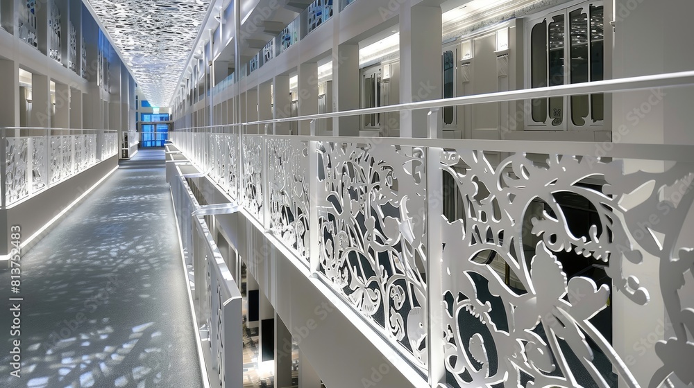 Obraz premium three levels of intricately carved corridors extend gracefully between two academic buildings, showcasing the meticulous craftsmanship and rigorousness of scholarly pursuit.