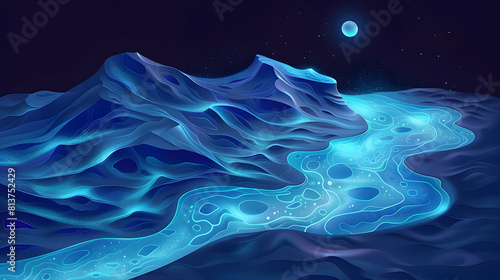 Bioluminescent Sand Patterns: Ebb and Flow of Tides on Glowing Beach Isometric Flat Design Concept