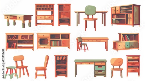 A set of kindergarten furniture modern illustrations, isolated on a white background. Set includes desk, chairs, empty bookshelves, and a cabinet with drawers for a classroom or child's play area.