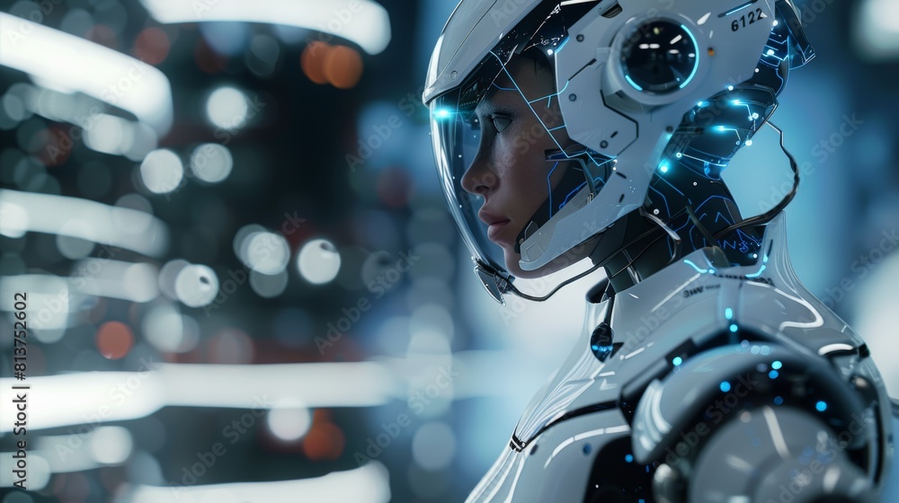 Fototapeta premium A futuristic humanoid virtual generative AI assistant utilizing cloud computing services and a neural network to produce a 3D image.