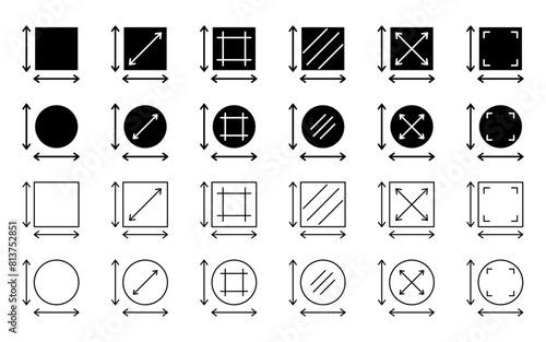 set of area or dimension measurement icons. simple circle and square design isolated on white background.