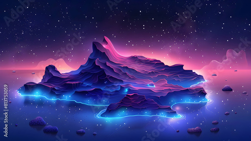 Coastal Bioluminescence: A serene beach with glowing waves under a starry sky Flat Design Icon Concept