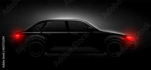 Realistic car silhouette. Black sleek supercar side view, luxury cars with glow headlight in dark night background, abstract hide auto driving