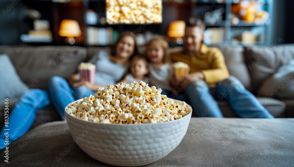 of a family cozying up on a couch with popcorn and watching their favorite movie, reflecting a relaxed movie night at home, Families, relax, blurred background, with copy space of a family cozying up on a couch with popcorn and watching their favorite movie, reflecting a relaxed movie night at home, Families, relax, blurred background, with copy space