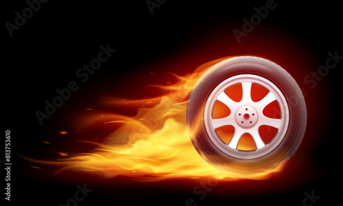 Fire tire. Fast car wheel in hot flame, flaming tyre formula 1 race burn wheels automobile speed, speeding driving creative ad auto shop 3d realistic nowaday vector illustration