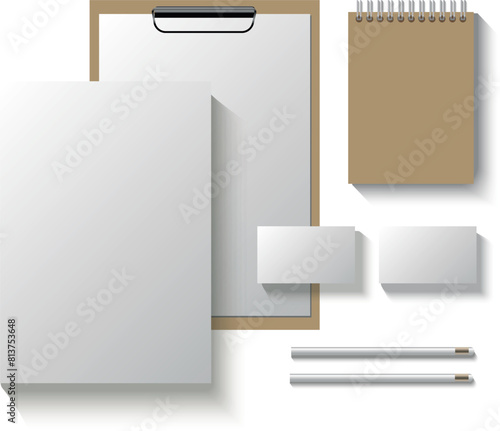 corporate identity mock up. Consist of tag, notebook, folder, paper A4, letter, business cards, spiral notepad, pen, pencil.